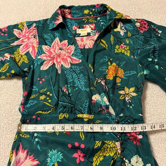 Anthropologie Maeve Green Floral & Bird Print Button-Front Midi Dress Wrap - Picture 11 of 15